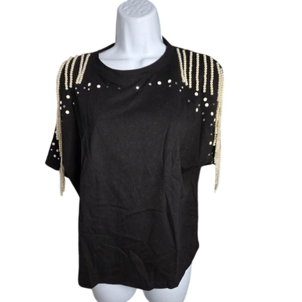 Blue b Collection Black Pearl Fringe Embellished Western Boxy Crop Top Small